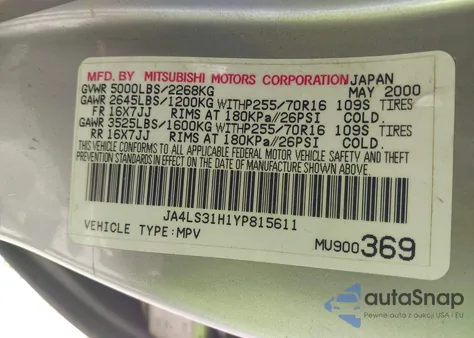 2000 Mitsubishi Montero Sport Ls/Xls z USA, uszkodzony, nr VIN JA4LS31H1YP815611